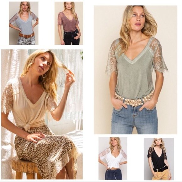 POL Lace V-Neck Tee w/ Eyelash hemmed Sleeves - Picture 10 of 14